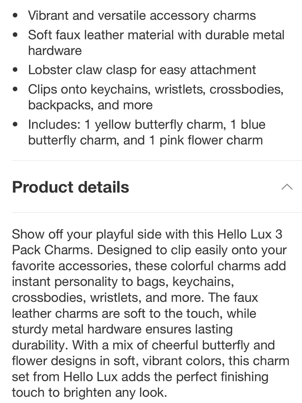 NIB Floral & Butterfly Charm in Pink, Blue & Yellow - 3 pc set